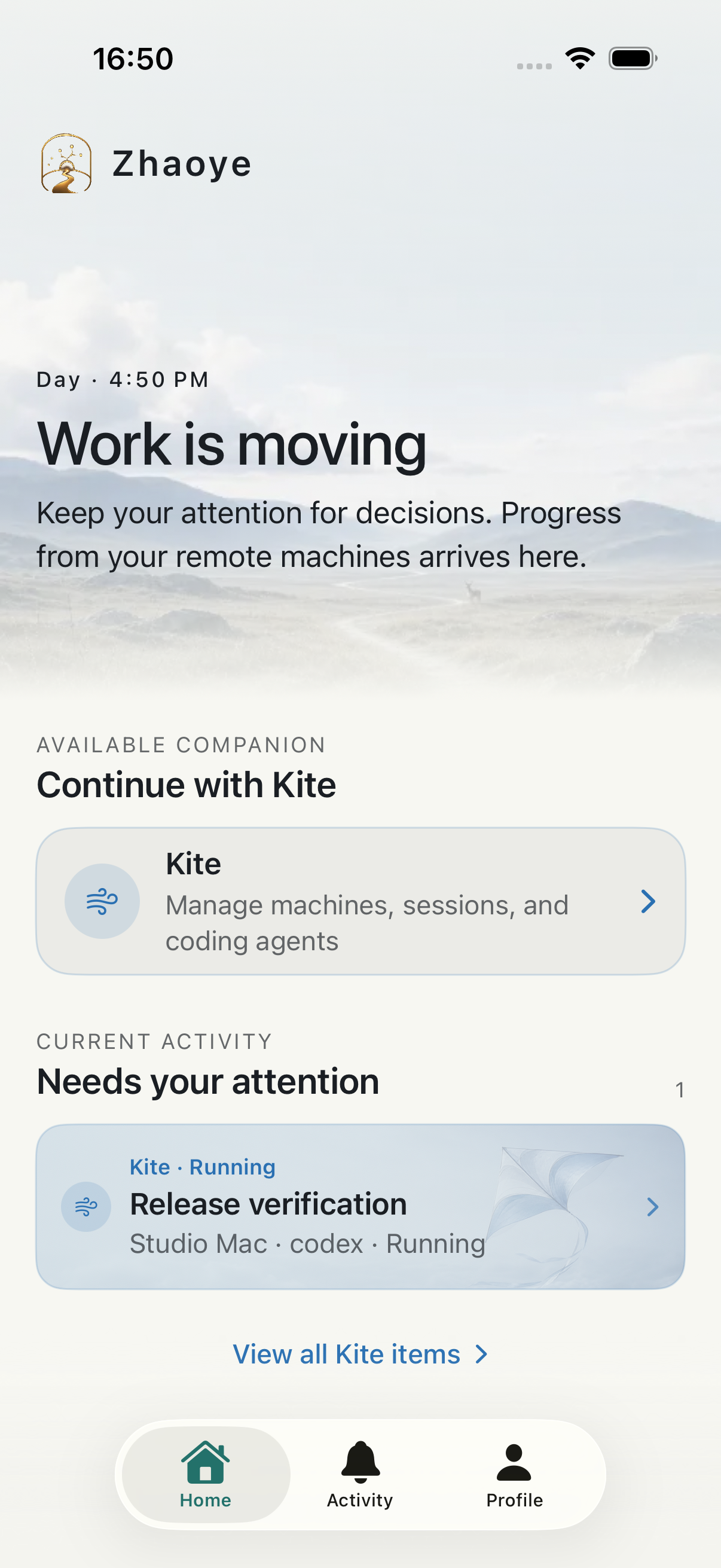 English Zhaoye home on iPhone Simulator showing Kite and a running remote session