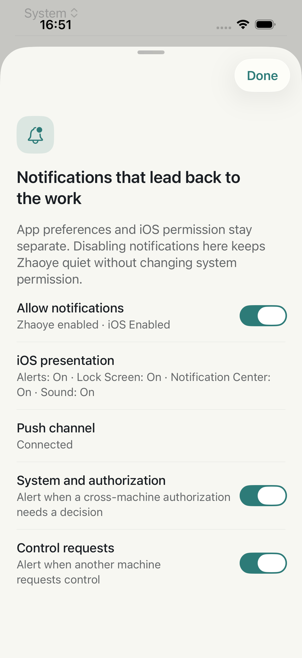 English Zhaoye notification settings on iPhone Simulator showing app, iOS, and push state
